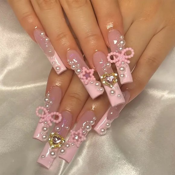 24pcs Glossy Long Square Fake Nails, Pink Y2K Press On Nails - Picture 1 of 6